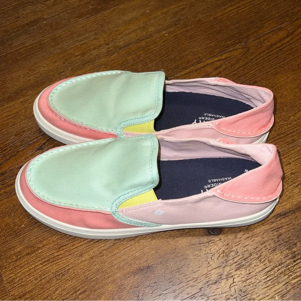 Sperry Colorblock Pink Green Pastel Canvas Slip On Memory Foam Loafers Size 6 - Picture 5 of 11